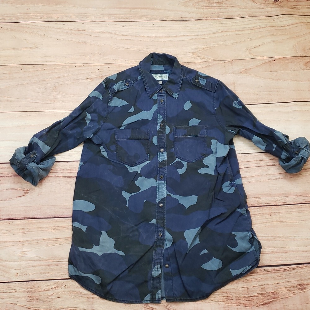 Express Shirt Womens XS Blue Black Button Up Long Sleeve Camouflage Ladies